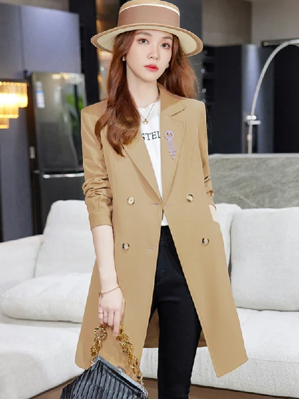 Trench Coat for Women 2022 Autumn Fashion Trench Coats Long Black Coats for Women Suit Jackets Women with Brooch Female Clothing Zippered Front Buttoned Front Snap Front