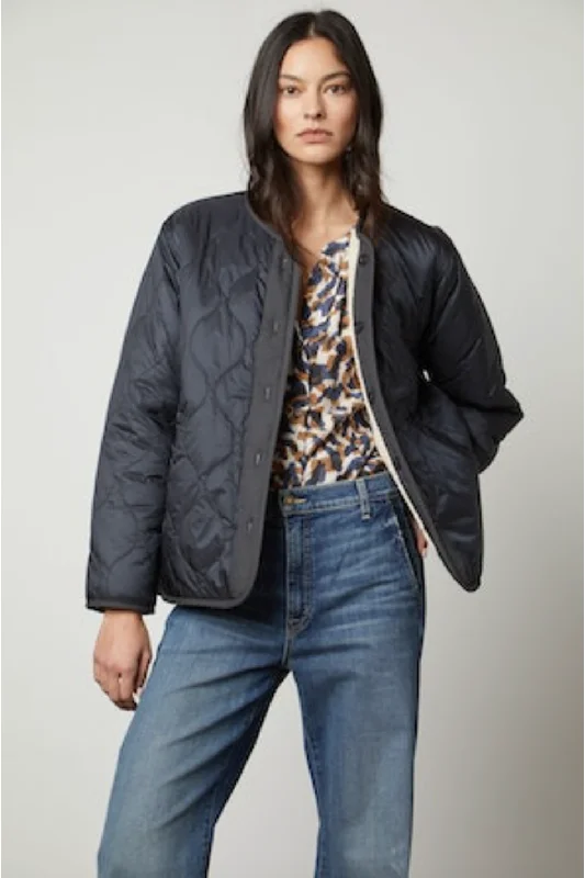 Velvet by Graham & Spencer Marissa 05 Quilted Sherpa Jacket | Navy A-Line Jacket Boat Neck Shawl Collar