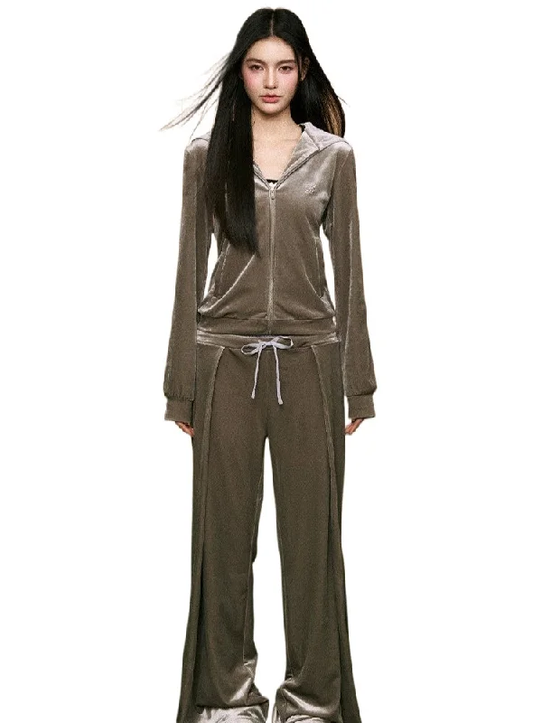 Velvet Hoodie & Double-Waistband Joggers Set Hoodie with Raw Hem Edgy Unfinished