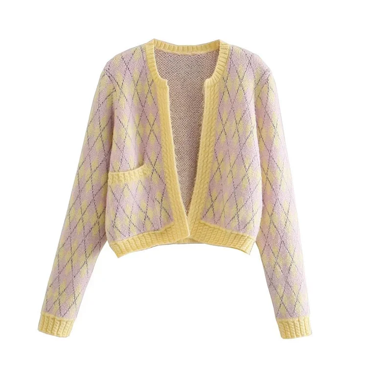 Versatile diamond check sweater cardigan jacket  7479 Appliqued Jacket Beaded Jacket Sequined Jacket