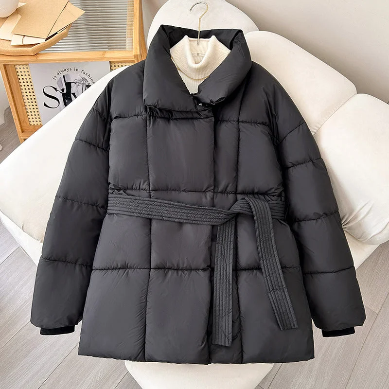 Winter Plaid Sewing Lapel Coat With Lace-up Design Fashion Loose Solid Thick Jacket Outerwear Women's Clothing Bomber Jacket Anorak Windbreaker