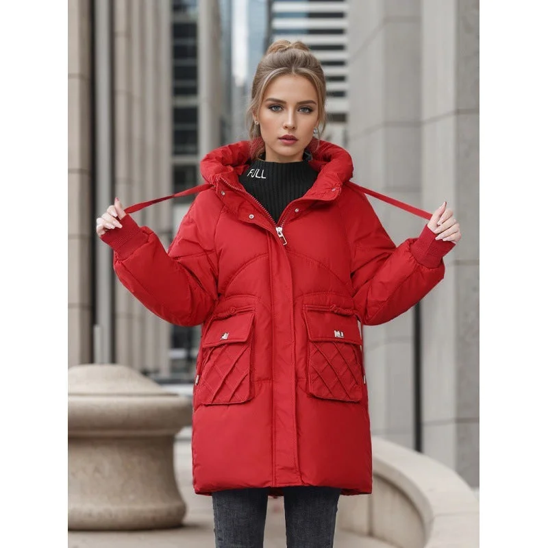 Winter Warm Hooded Coat With Pockets Fashion Solid Color Thicken Straight Cotton Jacket For Women Outerwear Clothing Snapped Jacket Toggled Jacket Drawstring Jacket