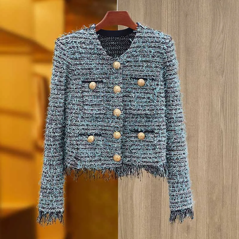 Women Tweed Blue Jacket With Fringe And Gold-tone Double-breasted Cardigan Jacket Snapped Jacket Toggled Jacket Drawstring Jacket