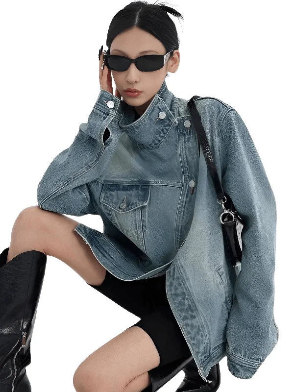 Women's Denim Coat Streetwear Turtleneck Single Breasted Full Sleeve Patchwork Versatile Jacket Fashion Autumn Streetwear Denim Trench Coat Raincoat Waterproof Jacket