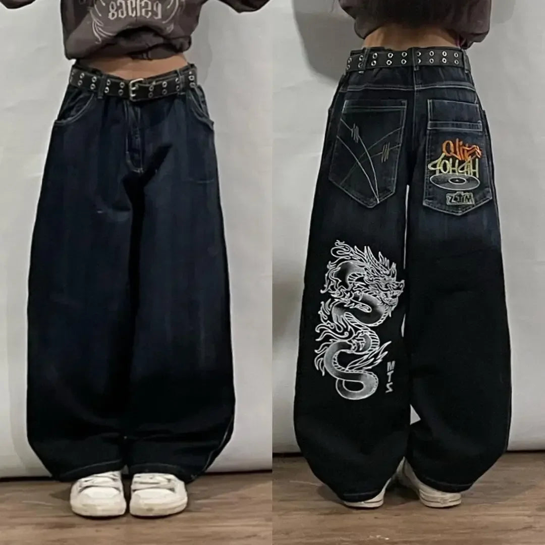 Harajuku Popular Print Jeans Women Y2K Street Hip Hop Fashion Fashionable Slouchy Fit Jeans
