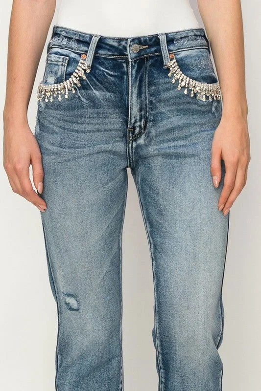 Artemis Vintage High Rise Crystal Embellished Crop Straight Jeans Chic Ripped Jeans
