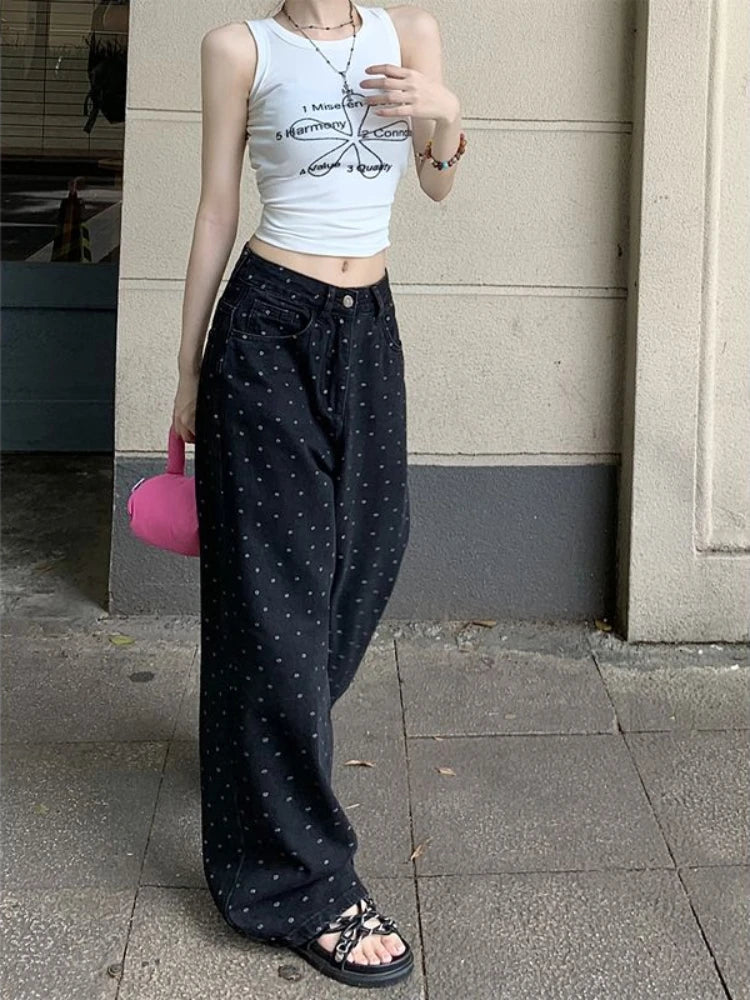 Black Polka Dot Straight Jeans Women High-waisted Loose Wide Leg Pants Fashionable Slouchy Fit Jeans