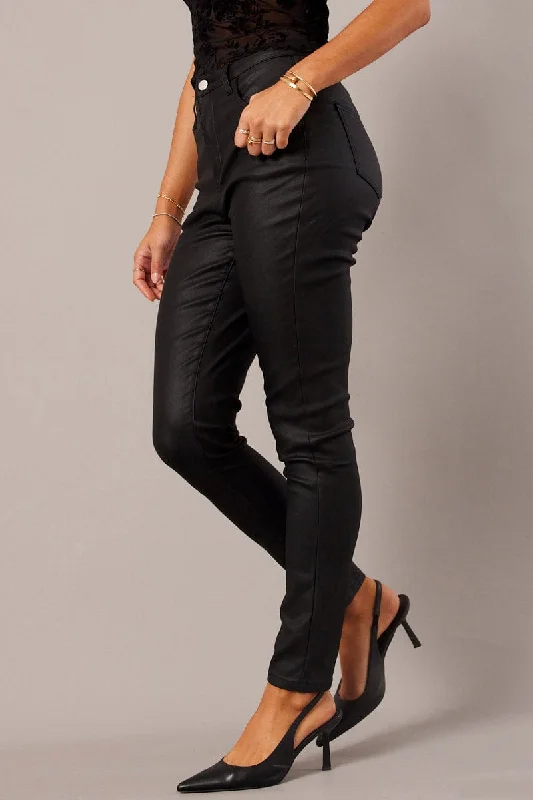 Black Skinny Jean Wet Look Trendy Skinny High-Waist Jeans