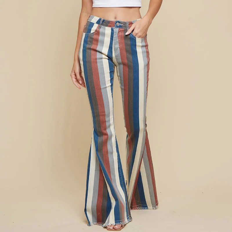 Blue Multi Striped Flare Jeans Stylish Tapered Fit Jeans