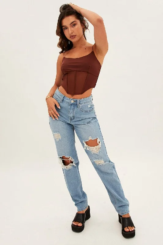 Blue Baggy Jeans High Rise Denim Elegant Dark-Wash Bootcut Jeans