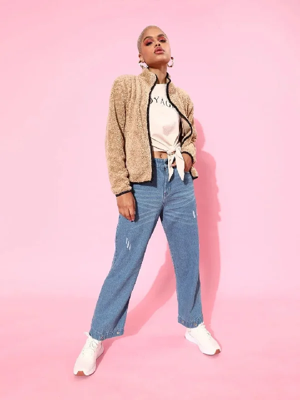 Blue Button-Hem Slouchy Jeans Casual Straight-Leg Jeans