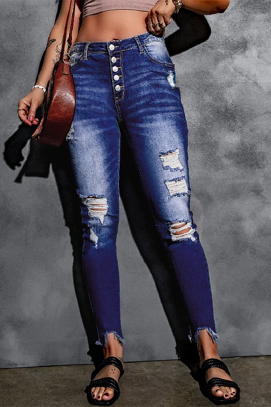 Blue High Rise Button Front Frayed Ankle Skinny Jeans Chic Vintage-Inspired Denim Jeans