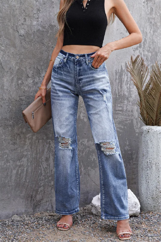 Blue High Waist Distressed Ripped Hole Flare Jeans Stylish High-Rise Mom Jeans