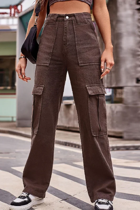 Buttoned High Waist Loose Fit Jeans Casual Bootcut Ripped Jeans