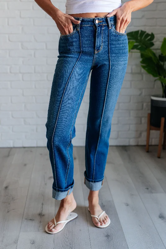 Campbell High Rise Center Seam Detail Straight Jeans Casual Distressed Denim Jeans