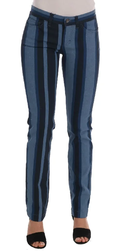 Chic Blue Striped Slim Fit Girly Jeans Elegant Dark-Wash Bootcut Jeans