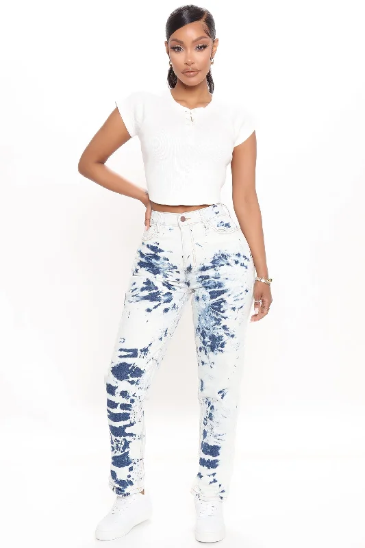 Cloudy Thoughts Tie Dye Mom Jeans - White/combo Fashionable Distressed Jeans