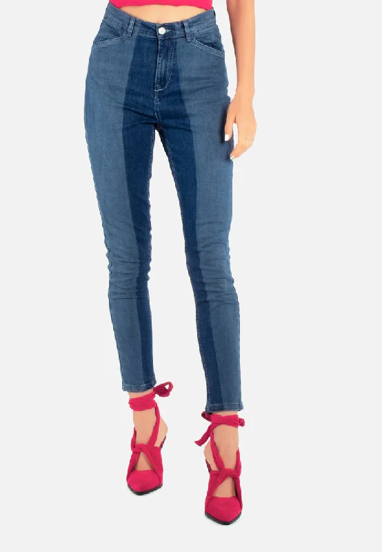 Color Block Two Skinny Jeans Pants Stylish Acid-Wash Jeans