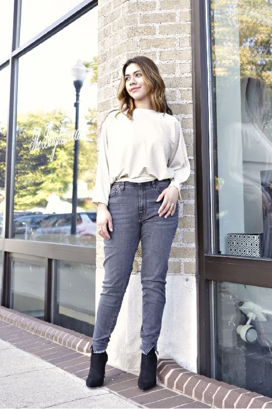 Petite High Rise Skinny Jeans with Frayed Hem (Grey) Stylish Stone-Wash Denim Jeans