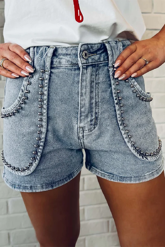 High Rise Studded Acid Wash Denim Blue Jean Shorts Casual Light Wash Jeans