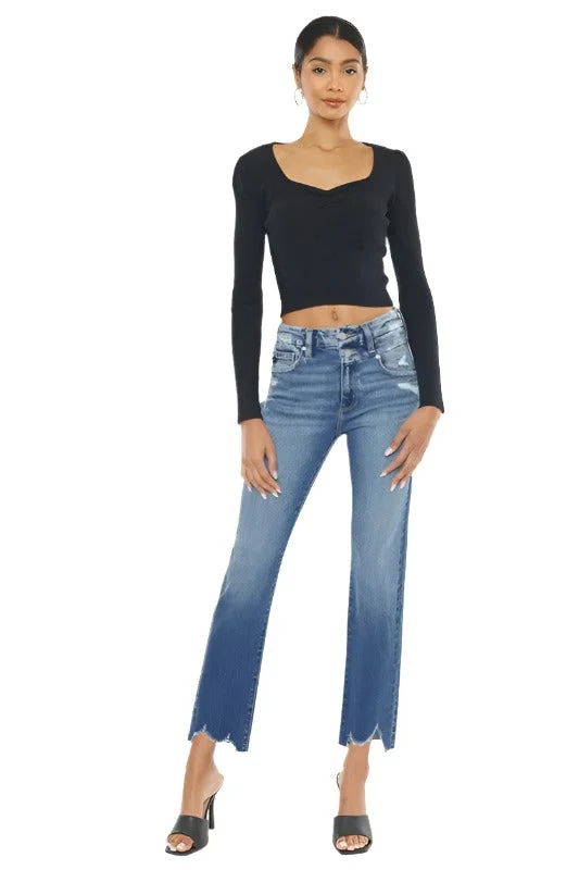 High Rise Slim Straight Blue Jeans Trendy Patchwork Denim Jeans