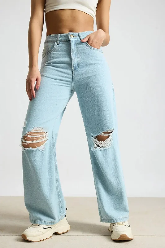 Aqua Haze Distressed High-Rise Jeans Fashionable Button-Front Jeans