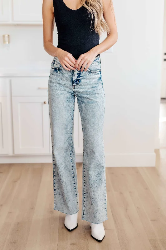 Judy Blue Dory High Waist Mineral Wash Raw Hem Wide Leg Jeans Stylish Slim Fit Denim