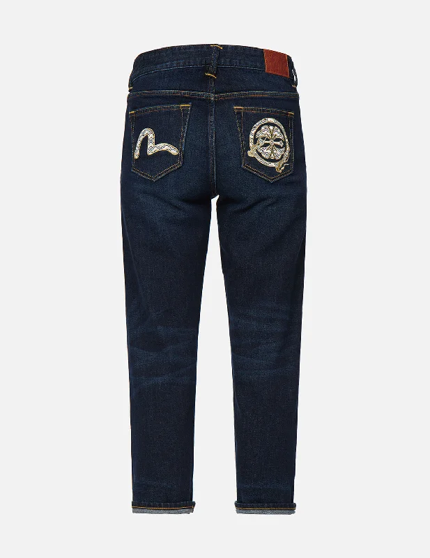 Kamon and Seagull Embroidered Straight Leg Jeans Fashionable Straight Fit Denim