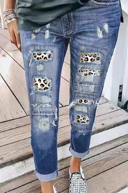 Leopard Print Ripped Jeans Fashionable Relaxed Fit Denim