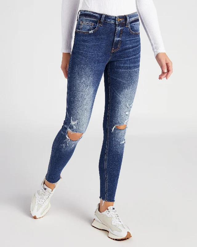 Mid Rise Cuffed Ankle Skinny Jeans Comfortable Straight-Legged Denim