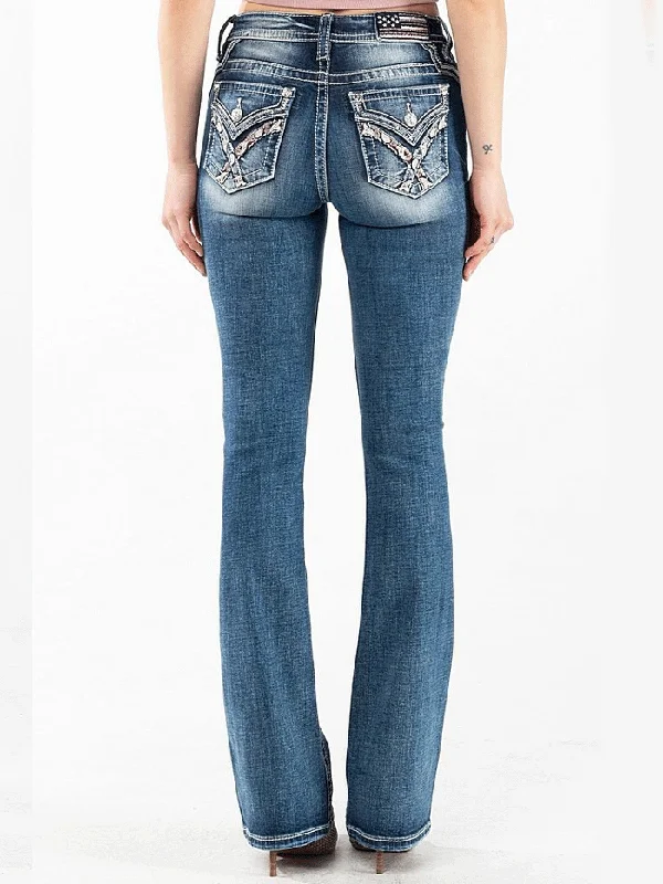 Miss Me M3444B70 Womens Paisley Bootcut Jeans Dark Blue Stylish High-Waisted Denim