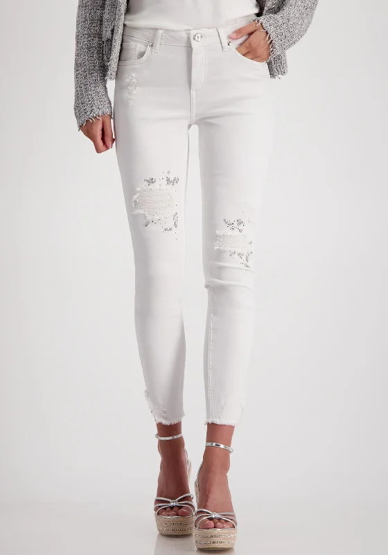 Monari Embellished Distressed Skinny Jeans, Gray Fashionable Raw Edge Jeans