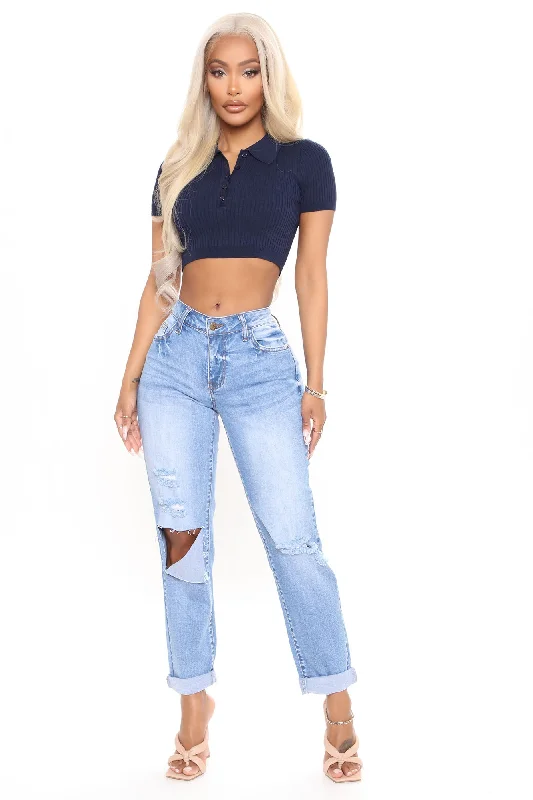 On My Own Ripped Girlfriend Jeans - Medium Blue Wash Trendy Layered Pocket Jeans