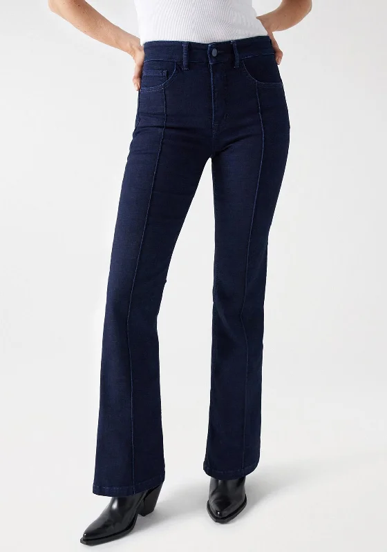 Salsa Faith Push in Flare Leg Jeans, Dark Blue Denim Stylish Stone-Wash Denim Jeans