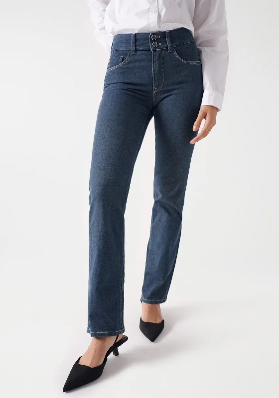 Salsa Secret Push in Straight Leg Jeans, Dark Blue Denim Classic Button Fly Jeans