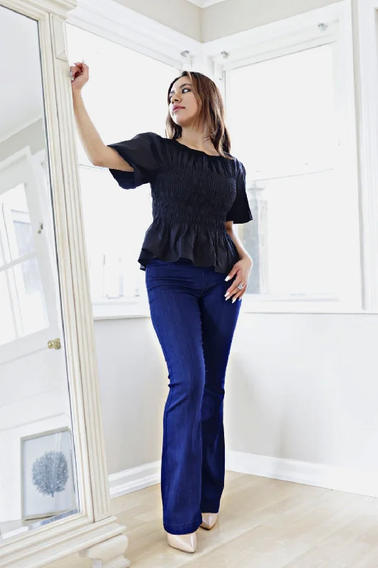 Petite Elastic Waist Flared Leg Jeans (Dark Denim) Comfortable Dark Wash Jeans