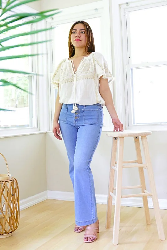 Petite High Rise Button Down Flare Jeans (Light Wash) Comfortable Jogger Style Jeans Petite High Rise Button Down Flare Jeans (Light Wash) Comfortable Jogger Style Jeans