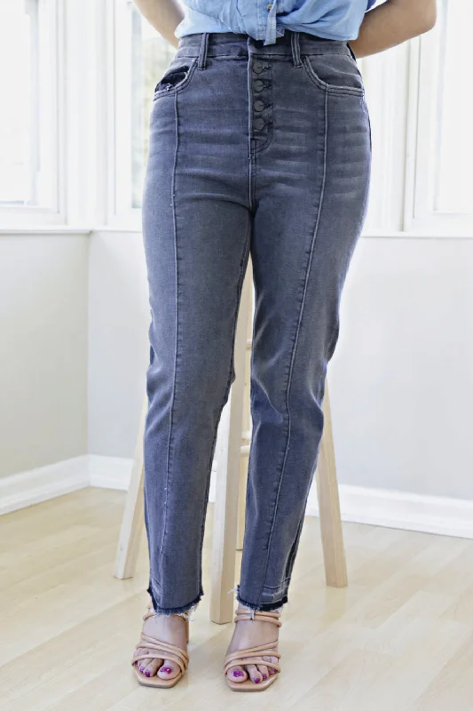 Petite High Rise Button Up Slim Straight Jeans (Laconia) Trendy Flared Leg Jeans