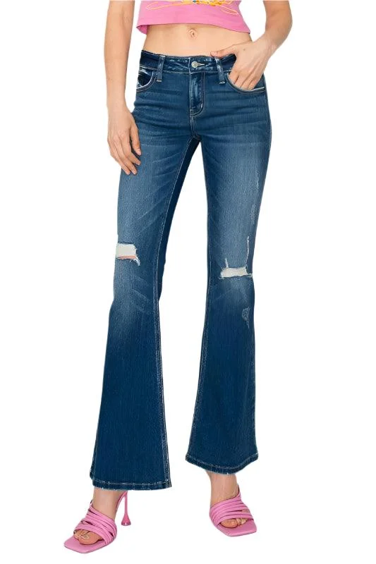 Plus Size - Low Rise Stretch Vintage Flare Jeans Comfortable Dark Wash Jeans