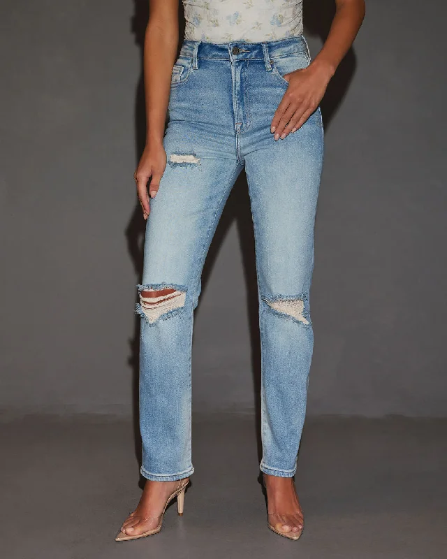 Polly Mid Rise Distressed Straight Leg Jeans Comfortable Jogger Style Jeans