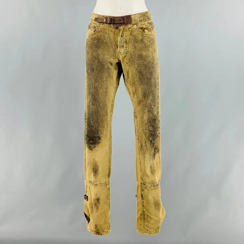 RALPH LAUREN Size 29 Khaki Grey Cotton Distressed Leather Jeans Fashionable Straight Cut Jeans