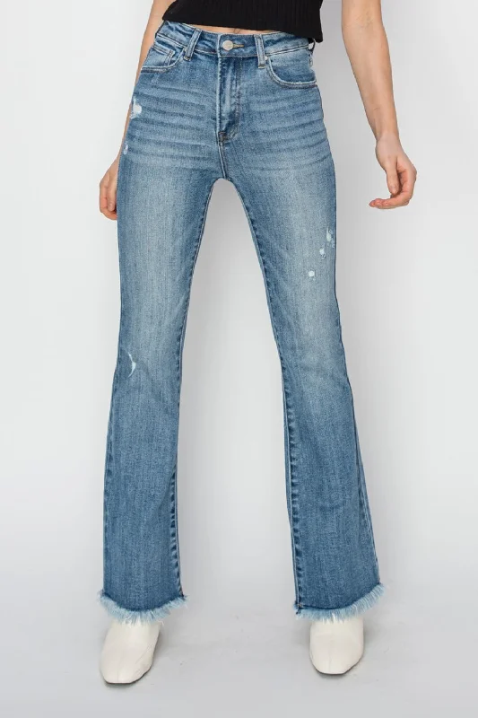 RISEN High Rise Frayed Hem Bootcut Jeans Chic Dark-Wash Skinny Jeans