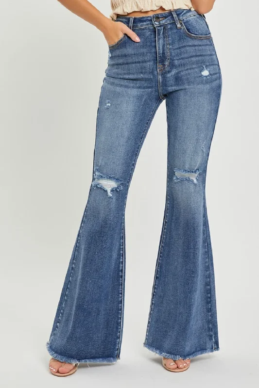 RISEN High Waist Distressed Fare Jeans Elegant Dark-Wash Bootcut Jeans