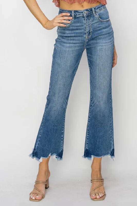RISEN High Waist Raw Hem Flare Jeans Chic Rolled Cuff Denim Jeans