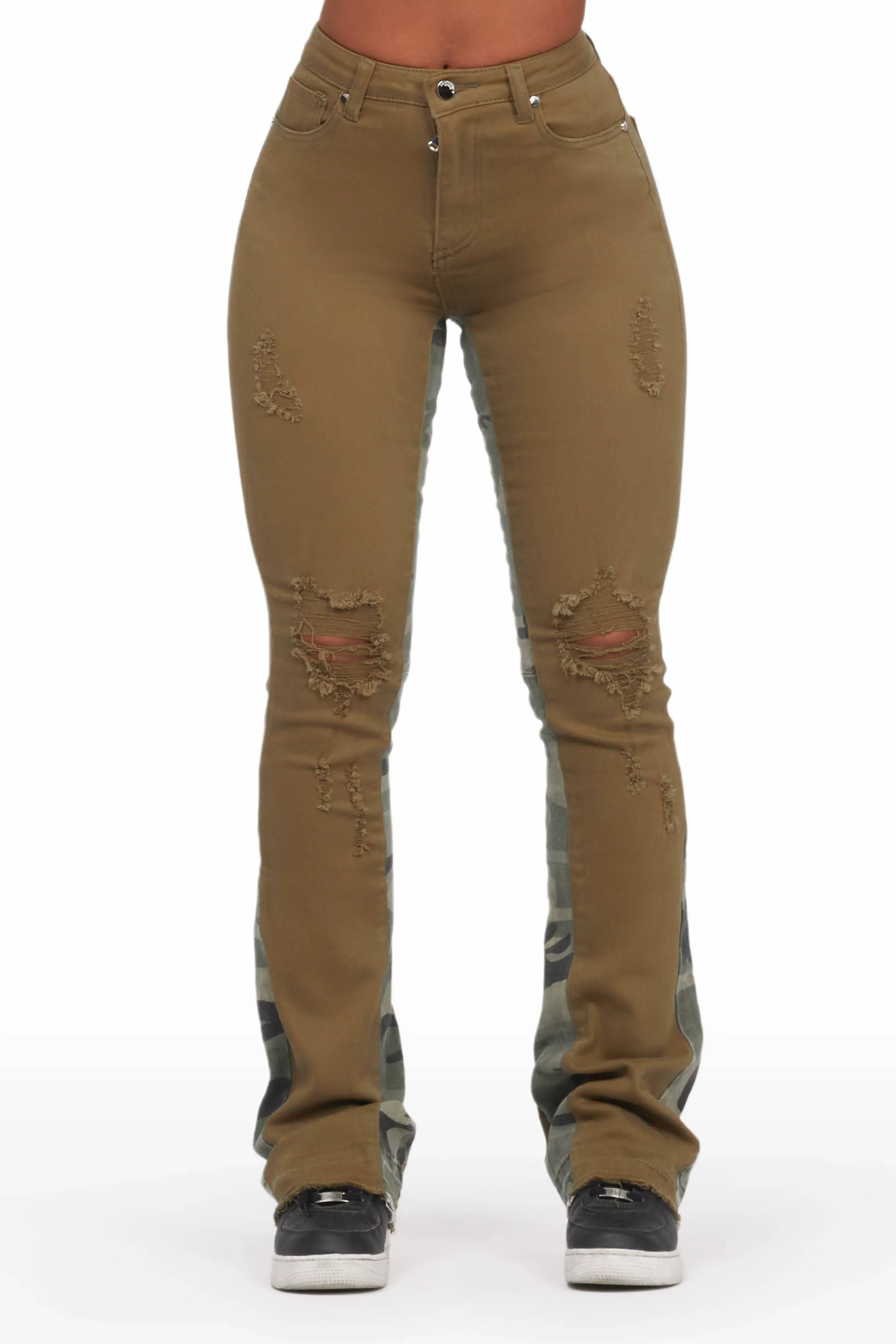 Khaleesy Olive Camo Stacked Flare Jean Stylish Tapered Fit Jeans
