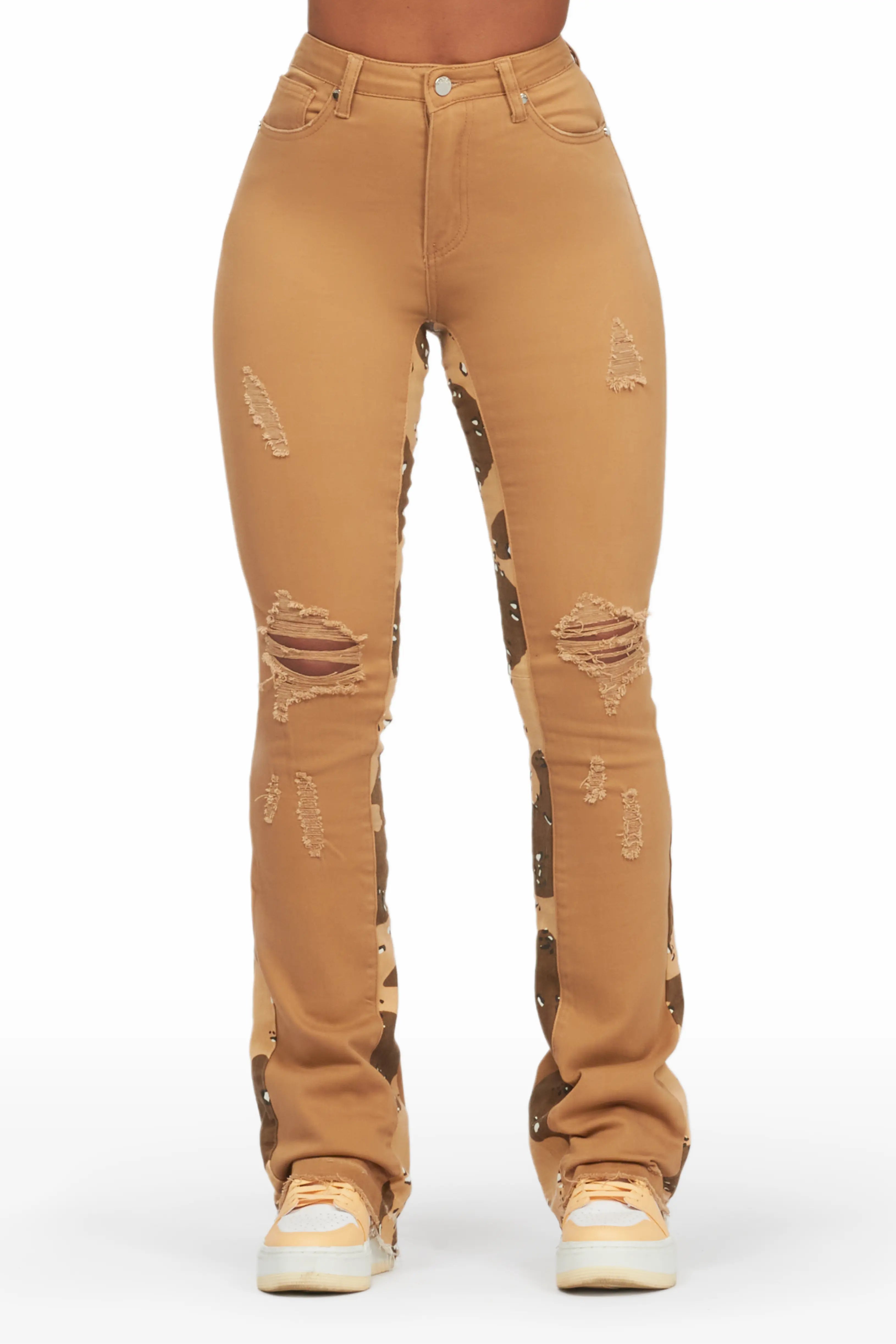 Khaleesy Tan/Camo Stacked Flare Jean Cozy Relaxed Fit Jeans