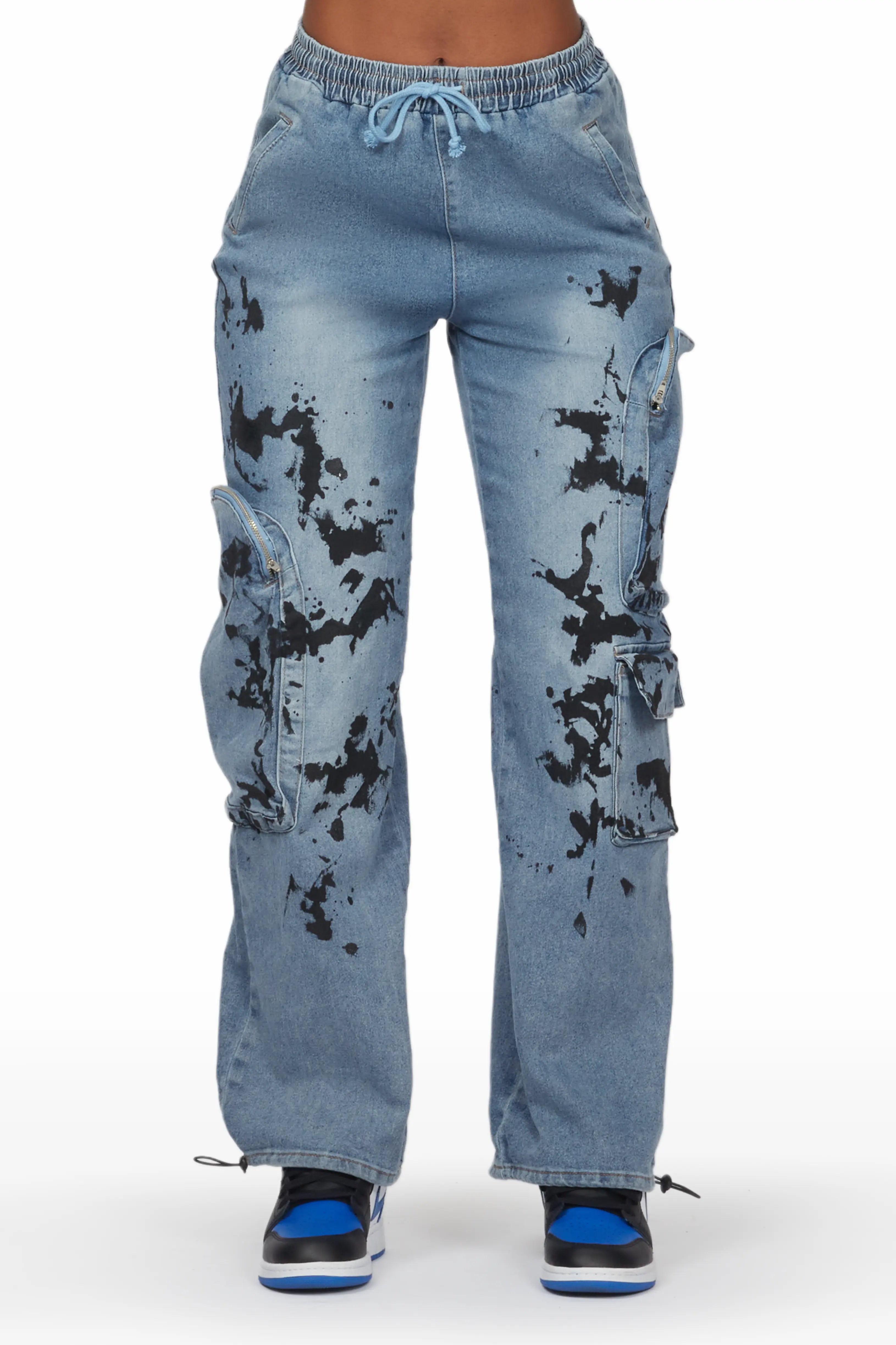 Kailynn Light Wash Painted Cargo Jean Fashionable Frayed Hem Denim