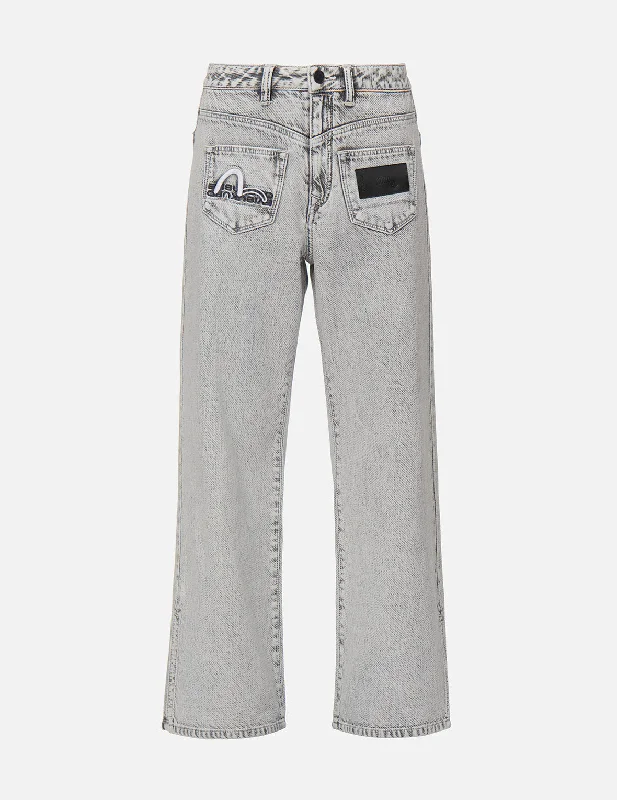 Seagull Embroidered Knit Denim Jeans Comfortable Stretch Denim Jeans