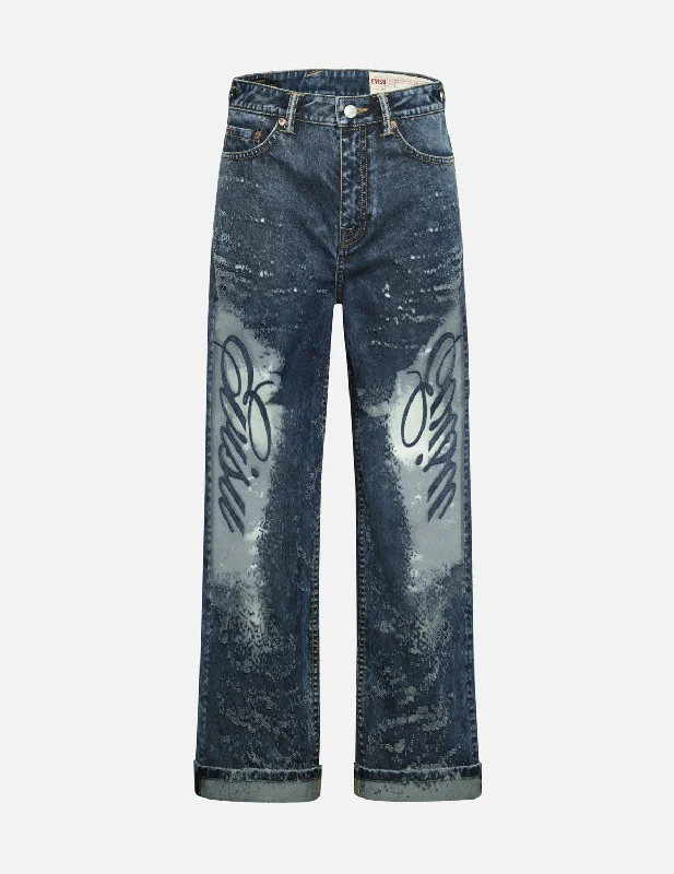 Seagull Embroidery and Laser-burned Wide-leg Jeans Comfortable Stretch Fit Jeans