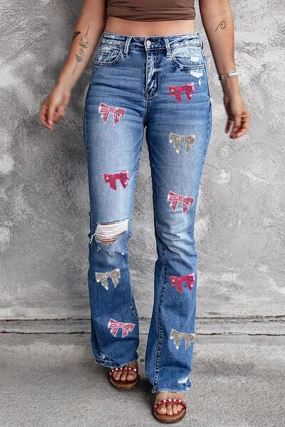 Sequin Bow Distressed Bootcut Jeans Casual Wide-Legged Denim Jeans